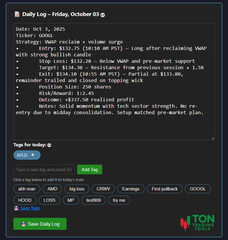 Daily trading journal view